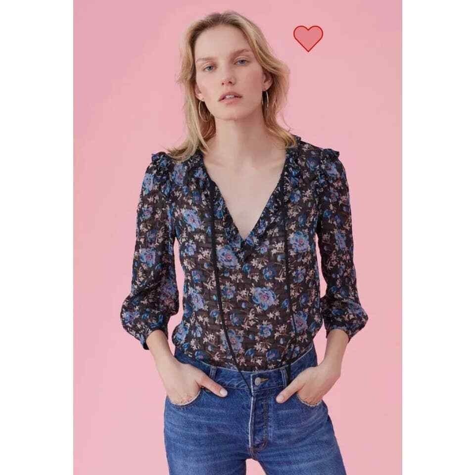 Rebecca Taylor Sheer Floral Top Womens 4 Black Blue 3/4 Sleeve Ruffle Boho Shirt